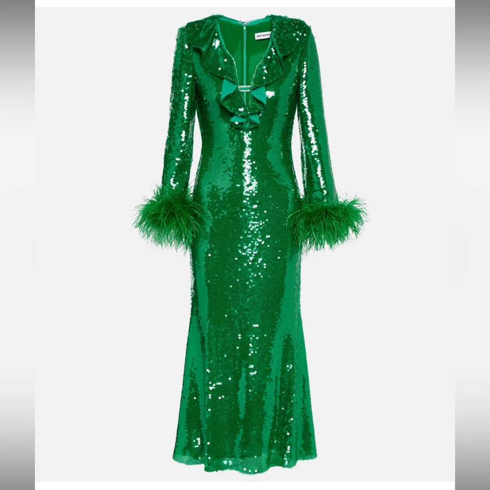 Self portrait Green Sequin Dress with Feather Cuffs